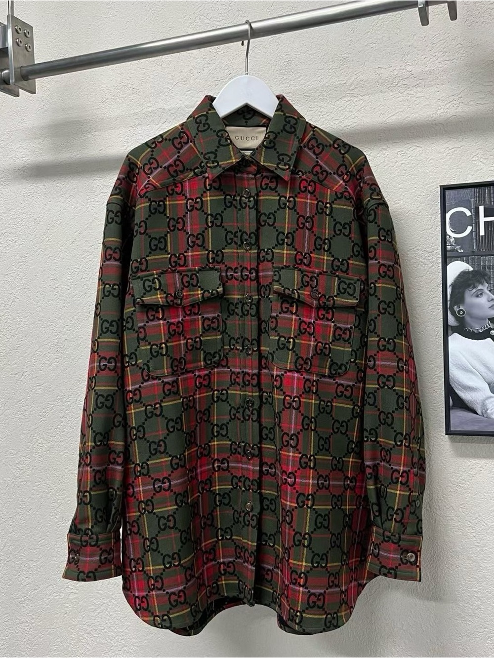 Gucci Olive Green and Red Plaid GG Logo Button-Up Overshirt